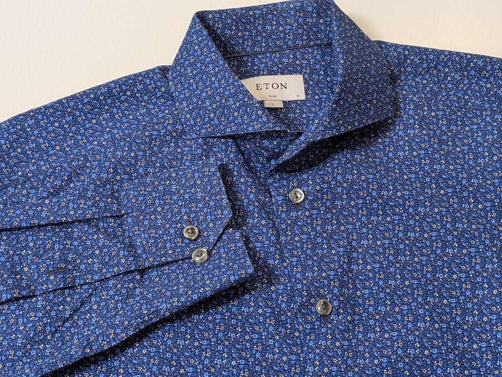 Eton Mens Dress Shirt Large Slim Fit 41 16 Floral Button Long Sleeve Cotton